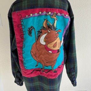 GAP Vintage Looney Tunes, Pumbaa & Timon Blue and Green Plaid Flannel Shirt
